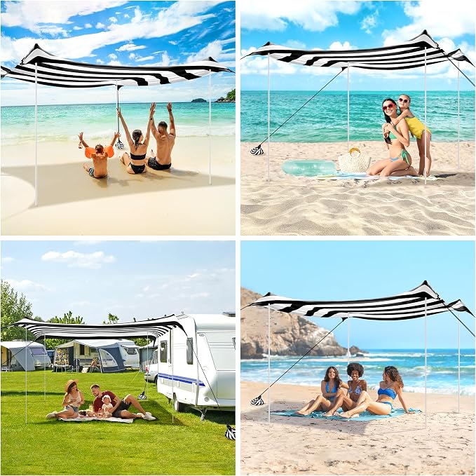 Beach Tent, Beach Canopy Sun Shade UPF 50+, Portable 10×10 FT Camping Sun Shelter with Sandbags, Poles, Ground Pegs and Anti-Wind Ropes for Outdoor, Backyard, Picnics, Fishing-Black Stripe - Image 5