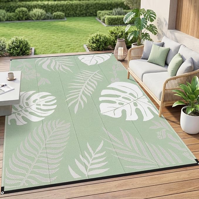 GOTGELIF Massive Outdoor Patio Rug - 9x12FT, Reversible & Water-Resistant & Wear-Resistant & Plastic Straw Outdoor Area Rug for Patio & Camping & RV - Green Leaf by Brandintroduction