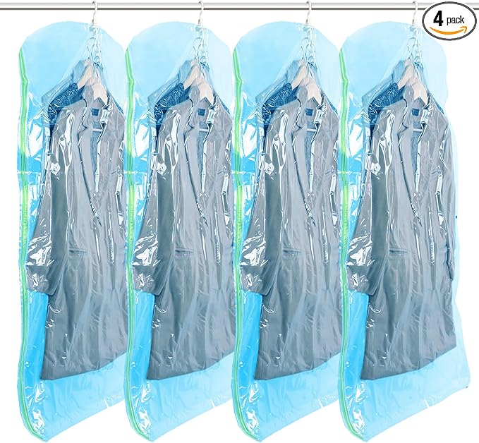 TAILI Hanging Vacuum Storage Sealer Space Saver Bags for Clothes, Suits, Coats or Jackets, Closet Organizer, 4 Pack Jumbo Blue by TAILI