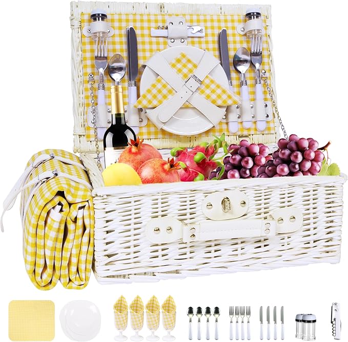 Picnic Basket Set for 4 with Waterproof Blanket Mat Insulation Bag Wicker White Yellow Light Fresh Gifts for Wedding Birthday Summer Camp Outdoor Camping Beach Travel Christmas Thanksgiving by YPshuye