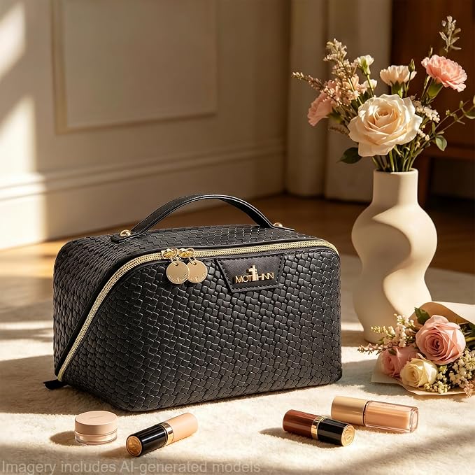 Travel Makeup Bag for Women: Designer 3 Pcs Set Cosmetic Bags for Women - Large Capacity Vagen Leather Hand-made for Toiletry Organizer - Ladies Travel Flat Open Essentials for Luxury (03Black) - Image 2