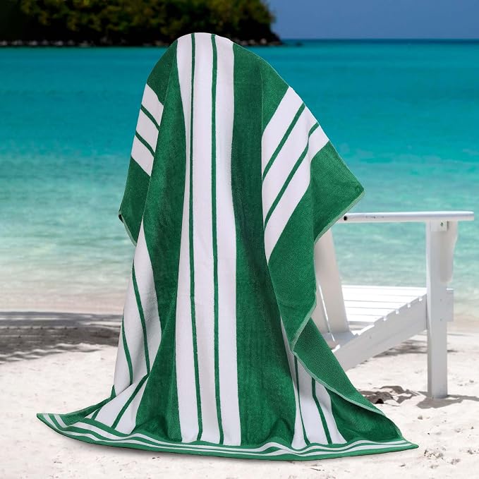 Superior Oversized Cotton Beach Towel Set of 4, Absorbent Towels for Bathroom, Beach, Pool, Swim, Adults, Kids, Vacation, Travel, Bath, Quick Dry Basics, Trip Essentials, Striped Decor, Dark Green by SUPERIOR