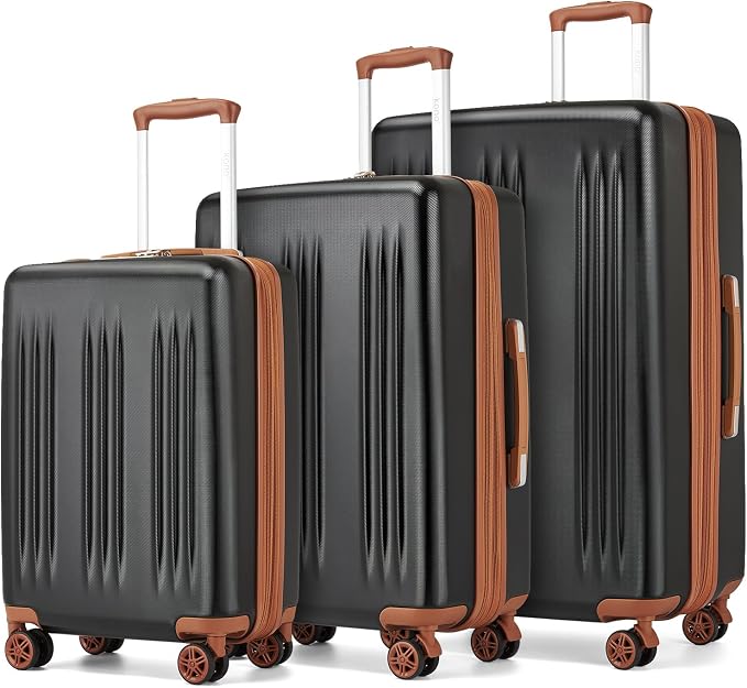 Kono Expandable Luggage 3 Piece Set Hardshell Lightweight 20in 24in 28in Carry On Suitcase with Spinner Wheels TSA Lock(Black & Brown) by Kono