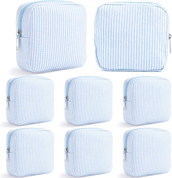 Giesiery 8 Pcs Seersucker Makeup Bags Striped Cosmetic Bags Bulk Organizer for Women Preppy Travel Toiletry Pouch for Wedding Bridesmaid Gifts (Blue, Mini) by Giesiery