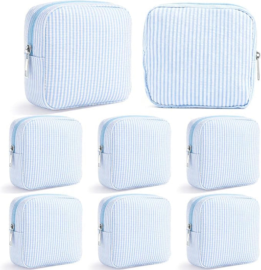 Giesiery 8 Pcs Seersucker Makeup Bags Striped Cosmetic Bags Bulk Organizer for Women Preppy Travel Toiletry Pouch for Wedding Bridesmaid Gifts (Blue, Mini) by Giesiery