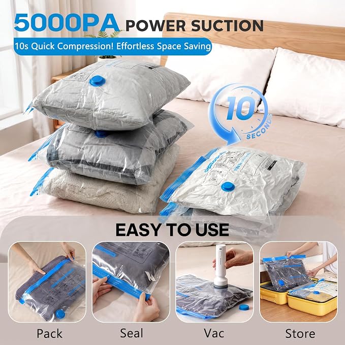 15 Pack Vacuum Storage Bags for Travel with Rechargeable Cordless Pump, Space Saver Bags for Clothes, Compression Packing Bags for Luggage and Suitcase,Blue - Image 3