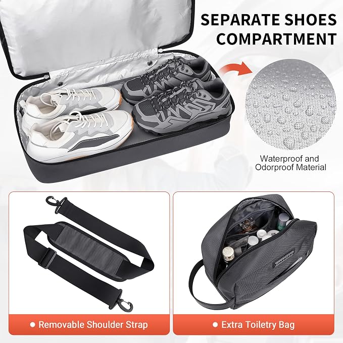 WITZMAN Travel Duffle Bags for Men Weekender Bags with Toiletry Bag Sets Carry On Overnight Bag 55L （B696 Silvery Grey） | Multi-pockets with Shoe Compartment and Dry-wet Pocket, Carry On, Convertible for Gym, Overnight, Sports, B696 Silvery Grey - Image 4