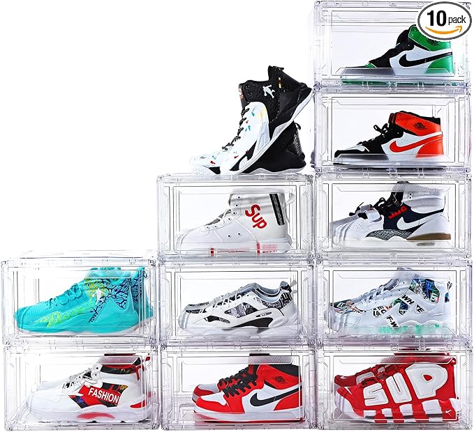 10 Pack Large Shoe Boxes Clear Stackable, Space Saving Acrylic Shoe Boxes Shoe Organizers Foldable Shoe Container Boxes that Fits Up to Size 14 Shoes by BVBOX