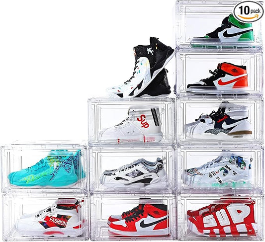 10 Pack Large Shoe Boxes Clear Stackable, Space Saving Acrylic Shoe Boxes Shoe Organizers Foldable Shoe Container Boxes that Fits Up to Size 14 Shoes by BVBOX