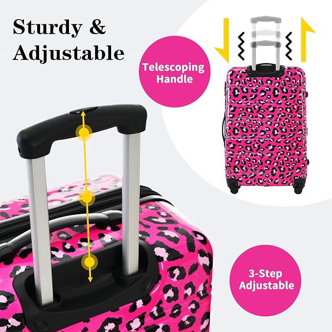 Merax Suitcase Set, Hardshell Luggage Sets 3 Piece with Spinner Wheels | Expandable Durable Suitcase with TSA Lock Lightweight 20" 24" 28", Hot Pink Leopard - Image 6