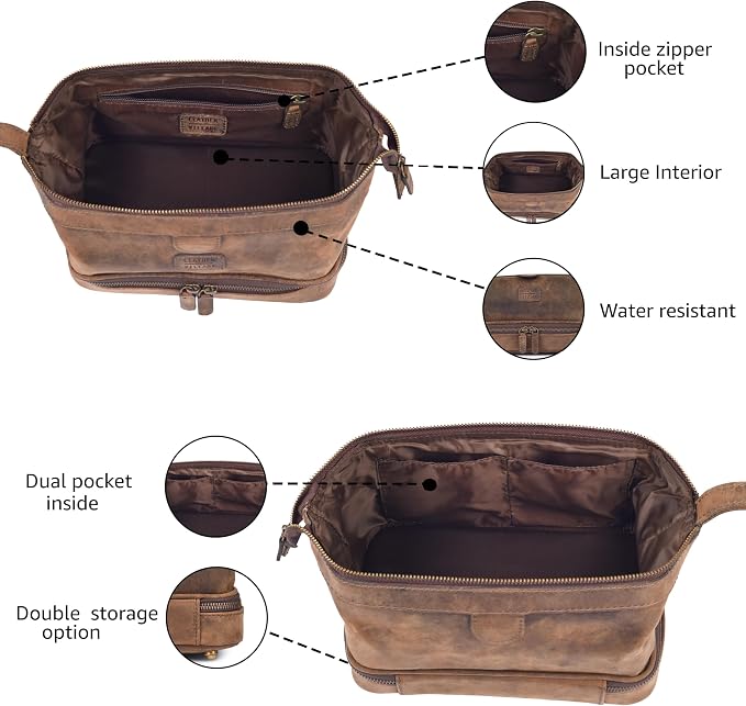 LEATHER VILLAGE Genuine Leather Dopp Kit – Large Travel Toiletry Bag with Waterproof Lining, Dual-Zip Design for Men & Women, Organizer for Shaving, Makeup & Essentials - Rustic Brown - Image 4
