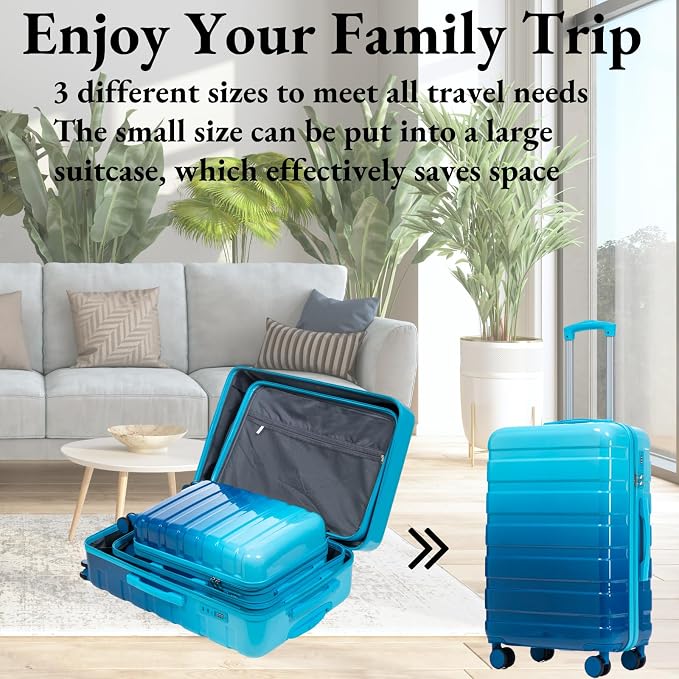 3-Piece Luggage Set 20/24/28’’ Hard-shell with 360° Spinner Wheels, Gradient Color Suitcase with Combination Lock, Lightweight PC Material, (Navy+ Light Blue) - Image 4