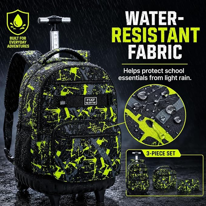 3Pcs Rolling Backpack for Boys, Men Roller Bag with Wheels for Adults, 19 Inche Graffiti Wheeled Bookbag with Lunch Box(Green) - Image 3