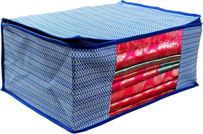 ANKIT INTERNATIONAL Saree Cover Storage Bags Pack of 09 – Non Woven Foldable Clothes Storage Organizer with Zipper & Clear Window, Wardrobe Garment Storage for Sarees, Dresses (Blue) - Image 3