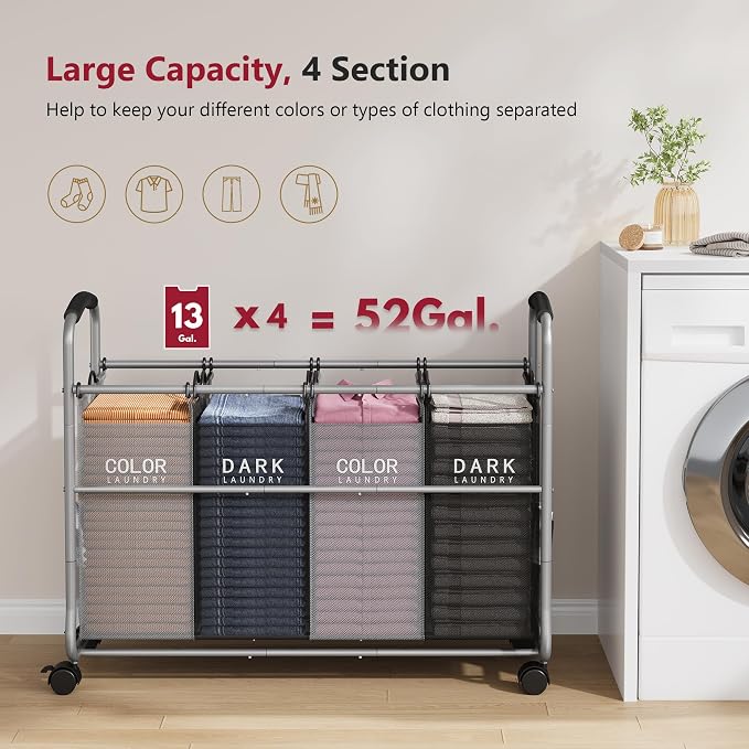 Tajsoon Laundry Sorter 4 Sections, Laundry Separator Hamper with Heavy Duty Lockable Rolling Wheels, Laundry Divider with Removable Bags for Dirty Clothes Storage, Black & Grey - Image 4