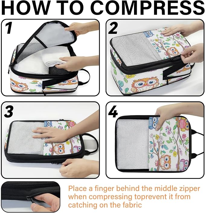 Floral Owl 6 Set Compression Packing Cubes for Travel Luggage Carry On Suitcase Compressible Expandable Packing Cubes Organizers Bag - Image 4