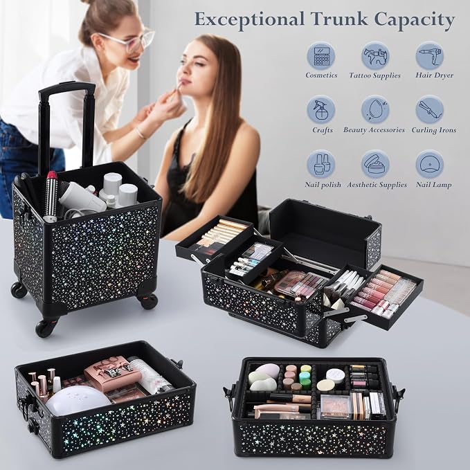 Stagiant Rolling Makeup Case Cosmetology Case on Wheels 4 in 1 Large Makeup Travel Case Nail Kits Organizer Train Case with Key Make Up Artist Salon Storage Traveling Cart Trunk Black Star - Image 3