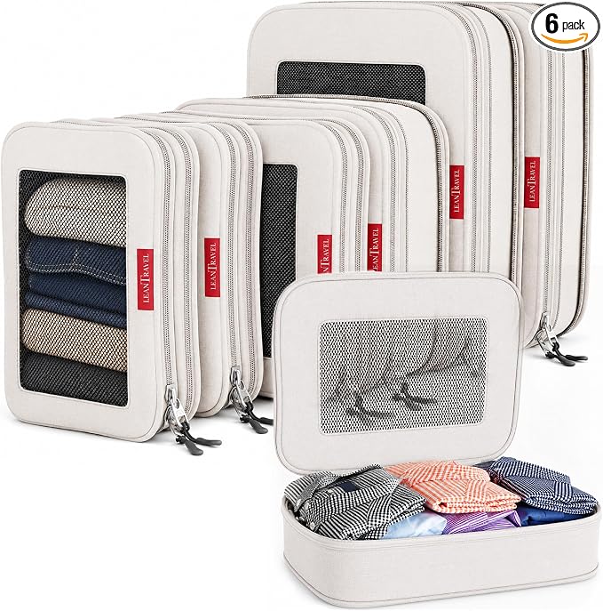 LeanTravel Premium Compression Packing Cubes for Travel - Suitcase Organizer Bags with Double Zipper & Breathable Mesh Panel - Space Saving Carry On Luggage Essentials (6-Pack, Sand) by LeanTravel