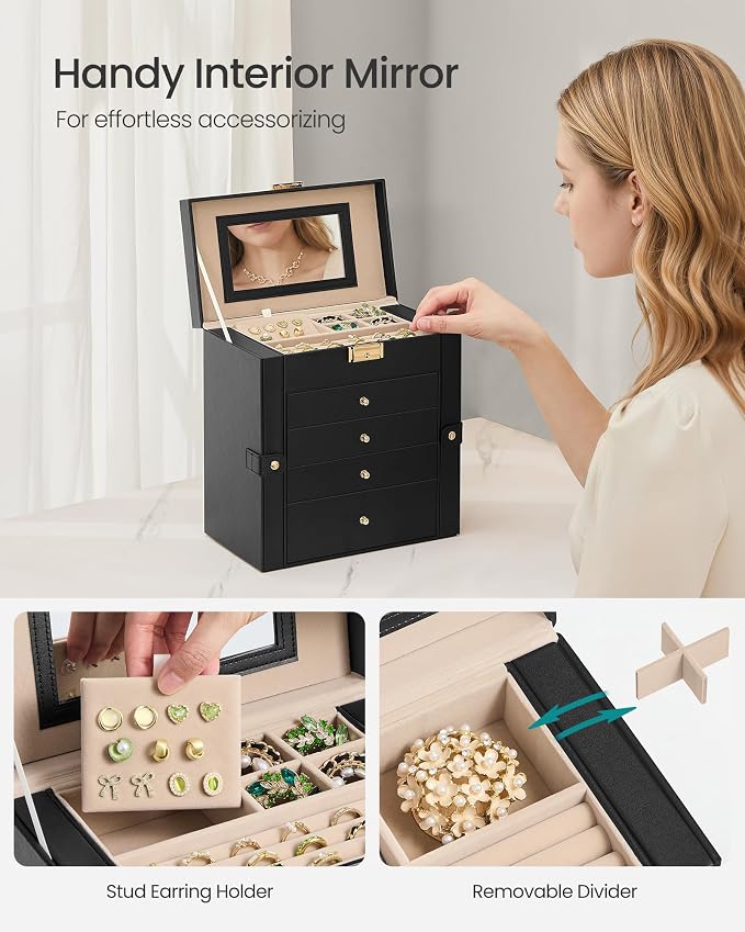 SONGMICS Jewelry Box Organizer, 5-Layer with 4 Drawers, Ink Black | Jewelry Storage Case with Lock and Mirror, Large Storage Capacity, for Necklaces, Watches, Gift for Loved Ones UJBC153BZ01S - Image 5