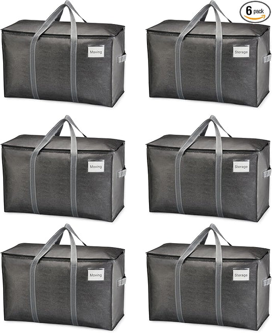 VENO 6 Pack Heavy Duty Moving Bags, Extra Large Storage Bags with Reinforced Handles & Strong Zippers, Foldable & Reusable Moving Box Alternative for Clothes & Dorm Storage by Veno