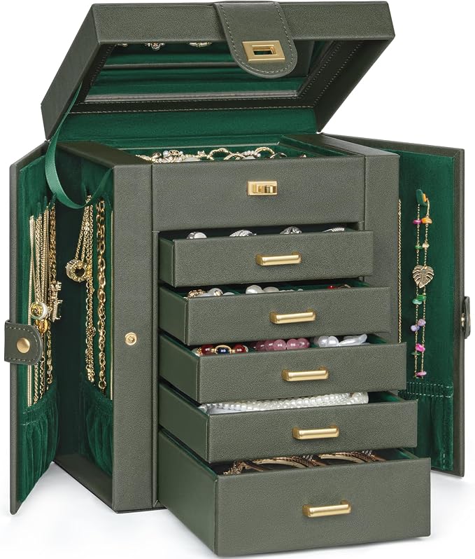 AKOZLIN 6-Tier Jewelry Box Organizer Functional 5 Drawers Leather Jewelry Storage Case for Women Girls Ring Necklace Earring Bracelet Holder Organizer with Mirror DrakGreen Regular by AKOZLIN