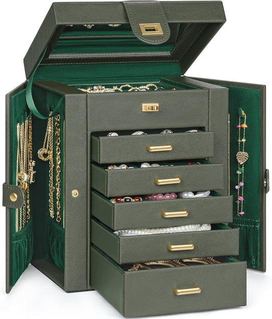 AKOZLIN 6-Tier Jewelry Box Organizer Functional 5 Drawers Leather Jewelry Storage Case for Women Girls Ring Necklace Earring Bracelet Holder Organizer with Mirror DrakGreen Regular by AKOZLIN