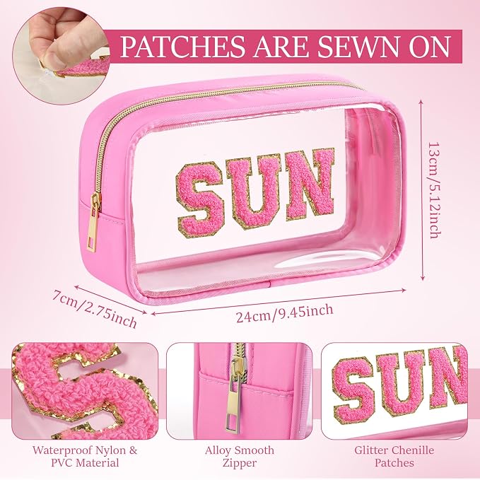 Kacctyen 10 Pcs Sun Clear Makeup Bags with Zipper in 5 Assorted Colors, Chenille Letter Sunscreen Bags Bulk, Clear Waterproof Cosmetic Bag for Women Beach Pool Trip & Summer Birthday Party Favors - Image 2