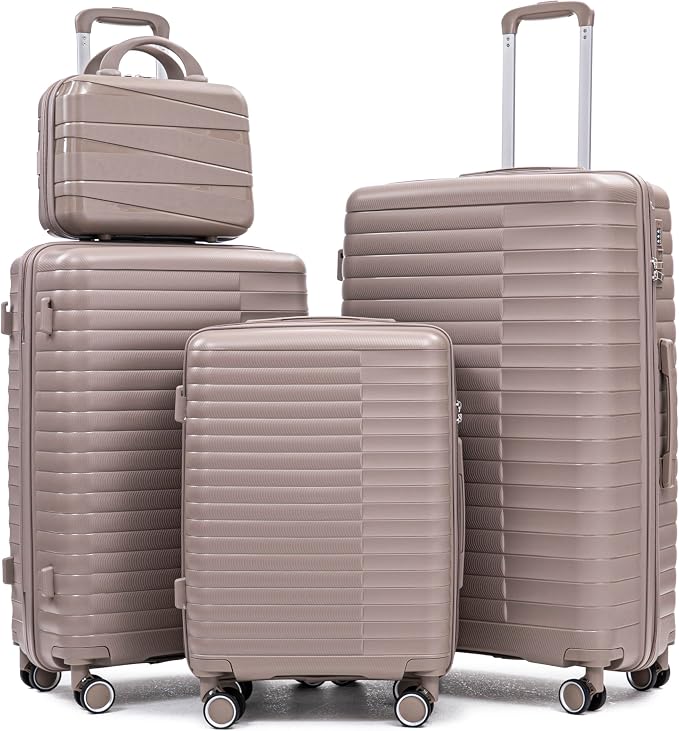 Hardside Luggage Sets, Lightweight Stripes Suitcase with Spinner Wheels, Champagne-PP by Merax