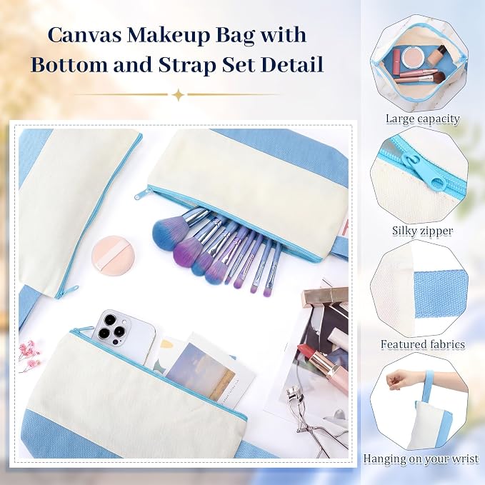 Silkfly 15 Pcs Cotton Canvas Makeup Bags Cosmetic Zipper Bags 10.2 x 5.5 x 2'' Blank DIY Pouch Bulk Pencil Case with Bottom Travel Toiletry Pouch for Women Craft Decor Gift (Beige and Light Blue) - Image 3