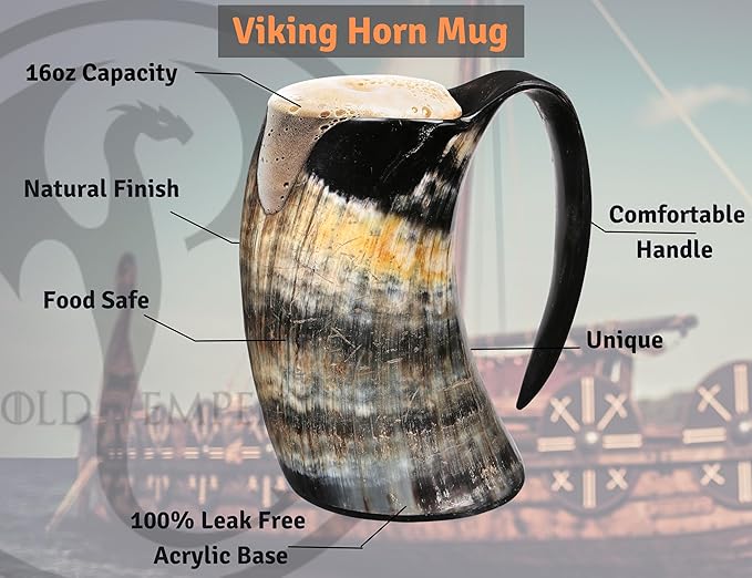 OLDEMPEROR Viking Drinking Horn Mug -16 Oz - Chirstmas Gifts for Men, Women, Dad, Husband - Unique Handmade for Hot & Cold - Food Grade Medieval Style Ale Beer & Mead Cup