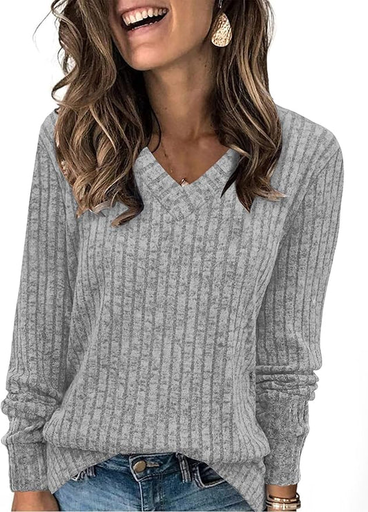 Sampeel V Neck Long Sleeve Shirts for Women Casual Fall Tops Lightweight Tunic Sweaters Fashion Clothes Loose Fit 2025