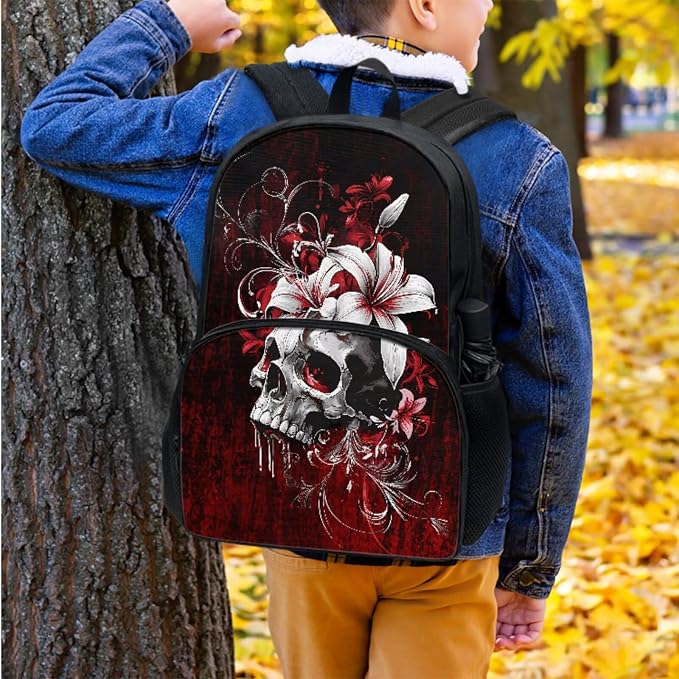 Gothic Skull Lily Flower Red School Bag for Student Laptop Backpack Casual Travel Backpacks Kids Boys Girls Schoolbag Bookbag Insulated Lunch Book Pencil Bags Purses for Men Women - Image 7