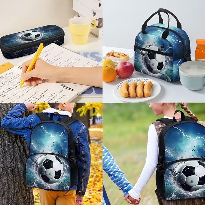 Boys Soccer Football Blue Lightning Galaxy Book Bag Set 4 In 1 Schoolbag Carry on Backpack Large Capacity Daypack Knapsack Rucksack Insulated Lunch Bag Aesthetic Cosmetic Makeup Bag - Image 3