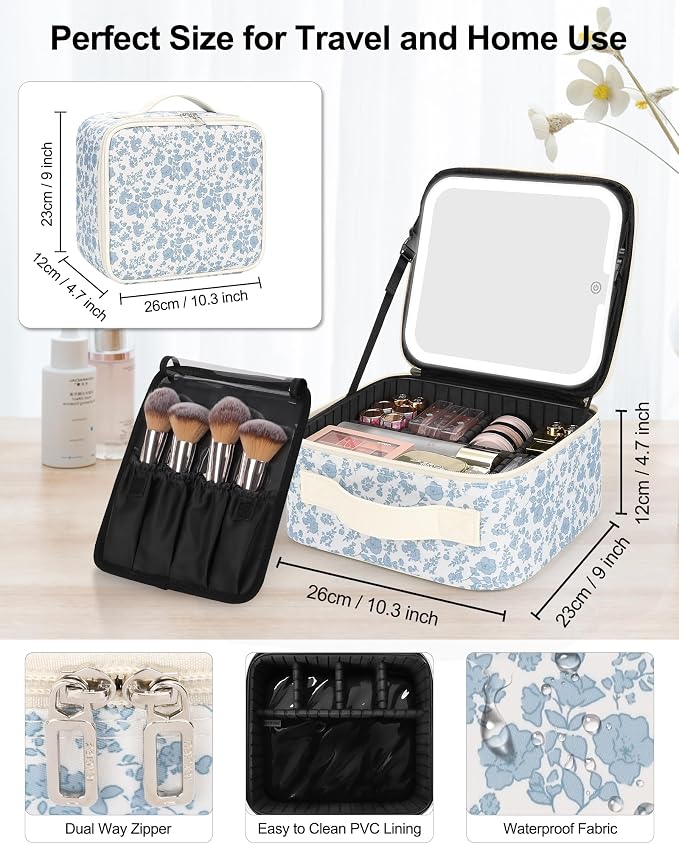 Chomeiu Makeup Bag with LED Mirror, Travel Cosmetic Bags for Women Girls Portable Train Case Makeup Artists Storage Organizer Box with Light Up Mirror 3 Color Lights, Floral Print - Image 8