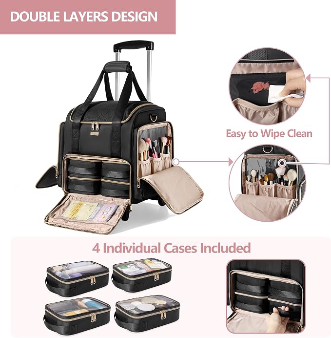 Rolling Makeup Case, Professional Makeup Train Case with Wheels | Makeup Artist Travel Bag with 4 Removable Bags, Professional Train Case with Adjustable Handle & Strap, Brush Storage Section - Image 2