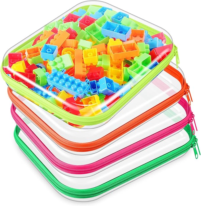Hoolerry 4 Pcs Hard Clear Zipper Case Makeup Bags Plastic Zipper Pouch Transparent Storage Box Containers for Cosmetics, Snacks, Building Blocks, Puzzles(Clear,9.8 x 7.9 x 2 in,Fluorescent) by Hoolerry