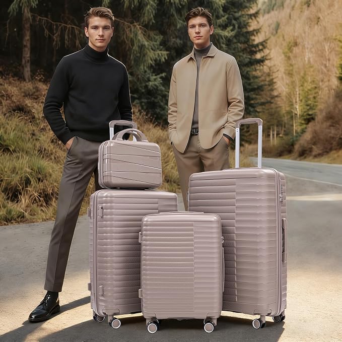 4-Piece PP Hardshell Luggage Set with 14" Cosmetic Case, 20"/24"/28" Spinner Suitcases,Carry On with Iron Telescopic Handle, Combination Lock,360° Double Silent Wheels,Waterproof Travel Set,Champagne - Image 2