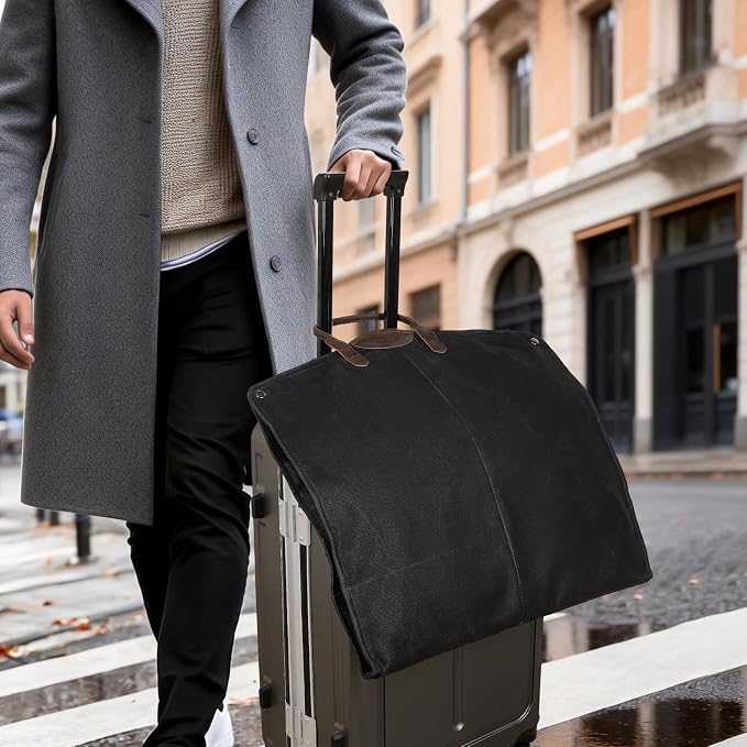 Polare 43” Waxed Canvas Full Grain Leather Trim Garment Bag for Travel, Large Carry on Business Suitcase Cover with YKK Zipper, Waterproof Hanging Suit Garment Cover with Handles,1 pack - Image 6