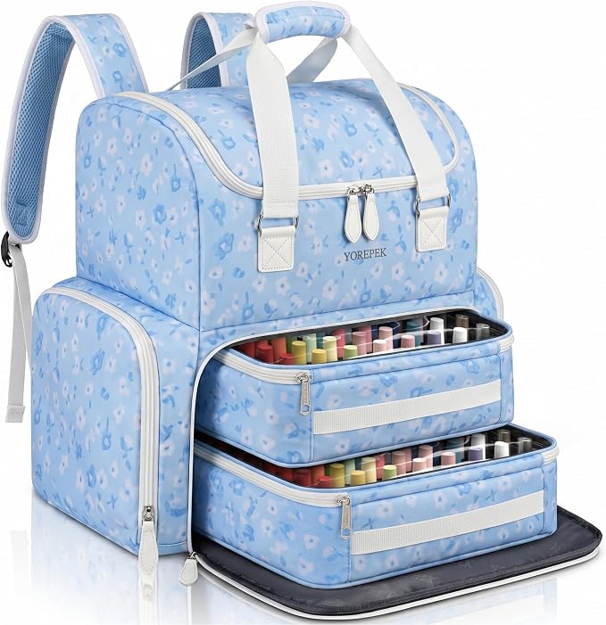 YOREPEK Nail Polish Backpack for Manicurist, Holds 96 to 100+ Bottles | Gel Nail Kit Bag for Manicurist Nail Polish, Blue Floral Backpack Nail Supplies Storage for Nail Art & Nail Tech, Sky Blossom by YOREPEK