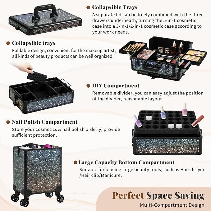 AROUS Rolling Makeup Train Case 5 in 1 Cosmetology Case on Wheels Large Cosmetic Organizer Travel Cart for Hairstylist Artist Nail Beauty Salon Barber,Black - Image 6