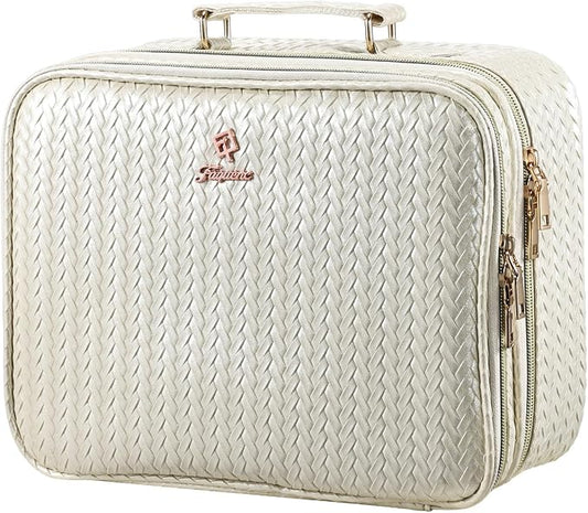 Faquenc Makeup Bag with LED Lighted Mirror 12.2 IN Cosmetic Train Case Double Layer Makeup Case Adjustable Brightness in 3 Colors Cosmetic Organizer Artist Storage with Brush Holder Vanity Beige by Faquenc