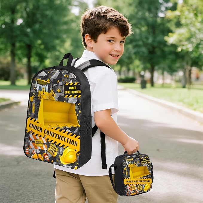 Construction Machines Cars Kid Backpack Set with Lunch Bag & Pencil Case Large Capacity School Bag 17 Inch Bookbag for Boy Girl - Image 2