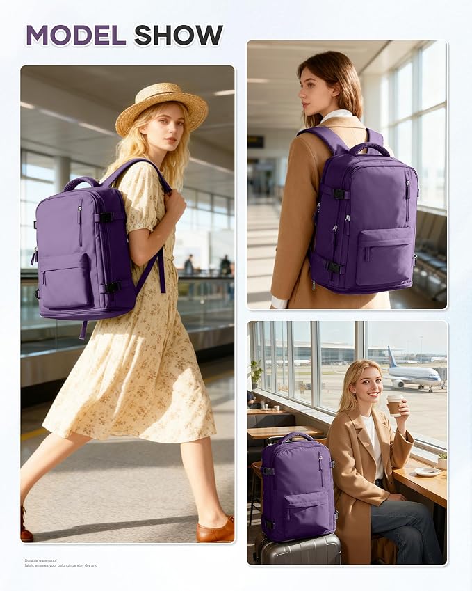 WONHOX Large Travel Backpack Women,Carry On Laptop Backpack Flight Approved,Mochila De Viaje Men Hiking Waterproof Rucksack Casual Daypack with Shoes Compartment,Personal Item Travel Bag Dark Purple - Image 7