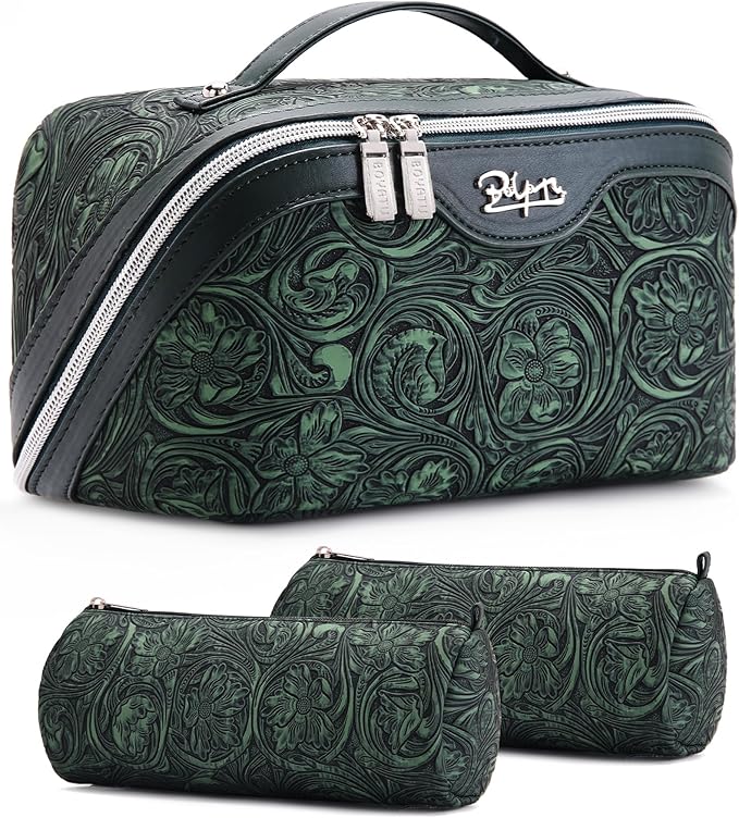BOYATU Travel Makeup Bags Cosmetic Organizer Bag: 3 Pcs Set Large Capacity Floral Make up Bag with Compartments - Waterproof Leather Toiletry Bags with Handle for Women (18-Green) by BOYATU