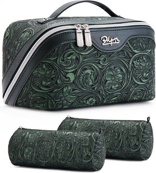 BOYATU Travel Makeup Bags Cosmetic Organizer Bag: 3 Pcs Set Large Capacity Floral Make up Bag with Compartments - Waterproof Leather Toiletry Bags with Handle for Women (18-Green) by BOYATU
