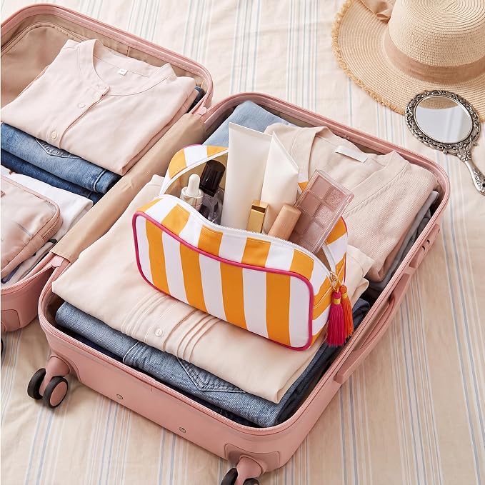 Kacctyen 6 Pack Orange and White Striped Makeup Bag bulk with Tassel Travel Cosmetic Pouch Organizer Large Zipper Toiletry Case for Women Aesthetic Storage Pouch Mahjong Tile Bag - Image 7