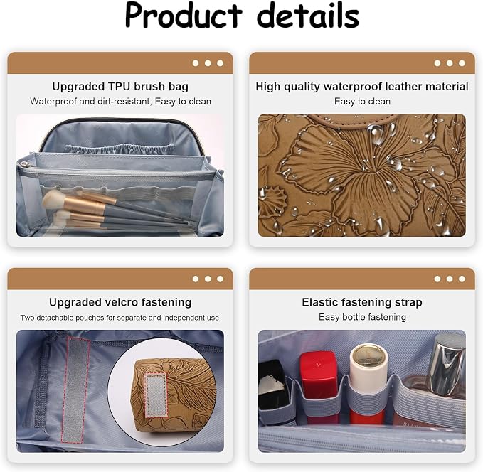 BOYATU Travel Makeup Bags Cosmetic Organizer Bag: 3-Set Large Capacity Make up Bag - PU Leather Toiletry Bags for Women - Wide Open Portable Pouch with Divider & Handle (01-Z-Brown) - Image 3