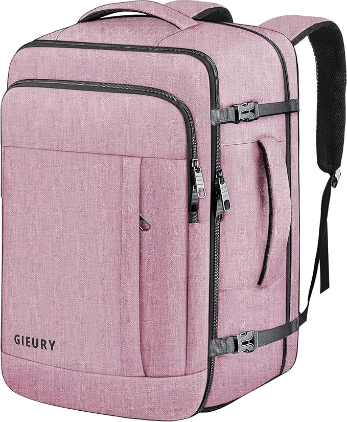 Carry On Backpack, 40-50L Travel Backpack for Men & Women, Expandable Backpack For Airplanes, 17 Inch Laptop Backpack, Luggage Suitcase 40L Daypack Lightweight Business Weekender Bag, Light Pink by Gieury