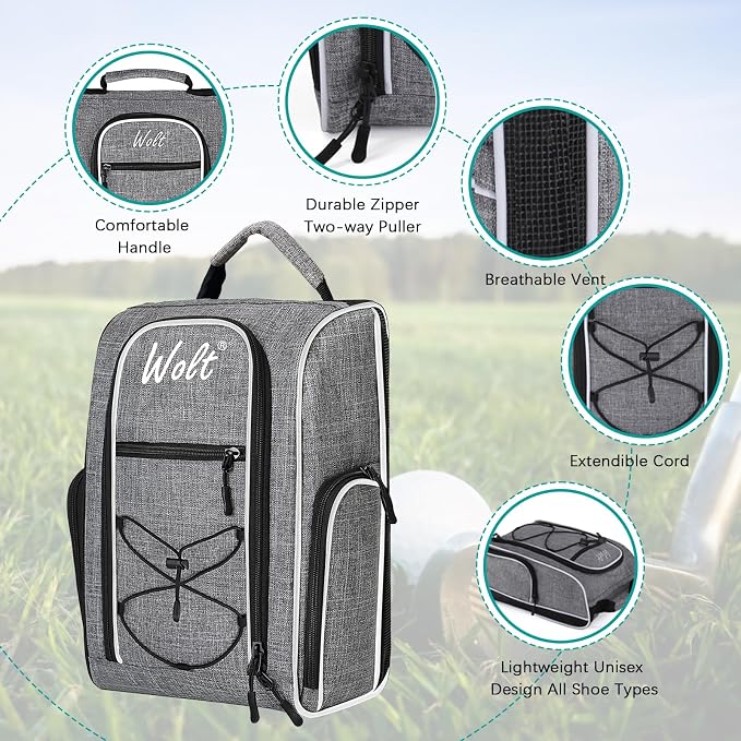 Wolt 2 Pcs Golf Shoe Bag for Travel- Zippered Shoes Carrier Bags with Ventilation & Double Outside Accessory Pocket for Socks, Tees, Golf Balls, Etc. for Women and Men (Black+Grey) - Image 3