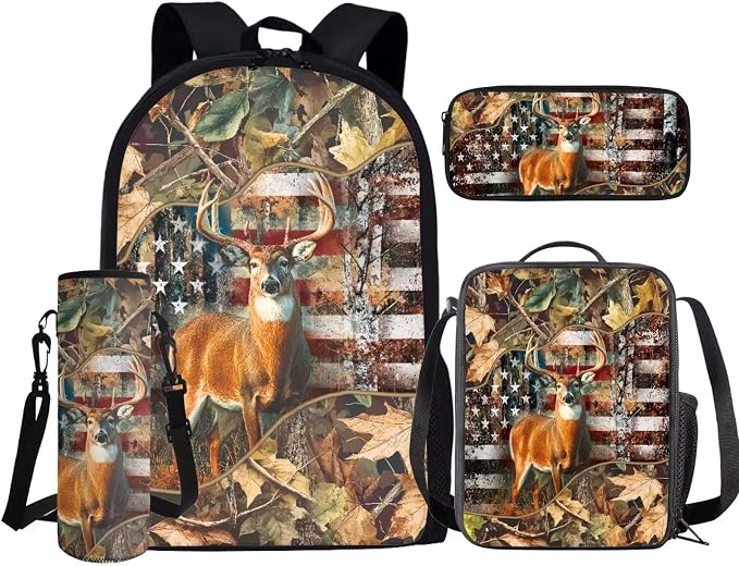 GIFTPUZZ Deer American Flag Backpack 17 Inch Set Boys | Camo 4-Piece Lunchbox Combo, Water Bottle Sleeve, 3rd Grade Back to School Book Bags, 8-10 - Image 2